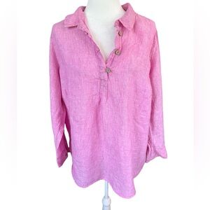 Cynthia Rowley 100% Linen Pink Quarter Button Collared Shirt- 1X